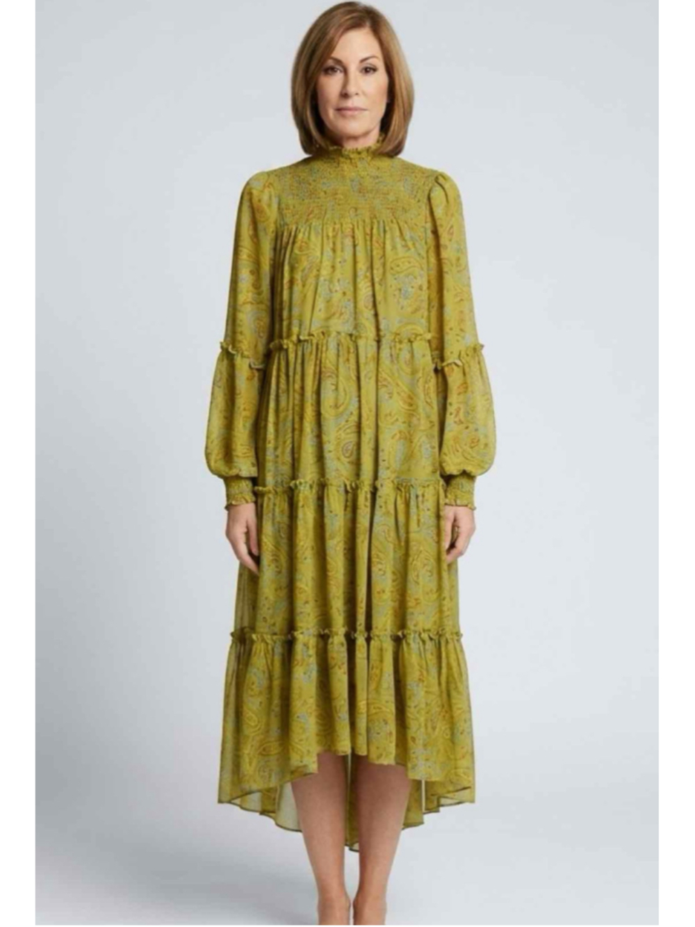 Cinq à Sept Rika High-Low Midi Dress Lime Paisley Print Size 8
